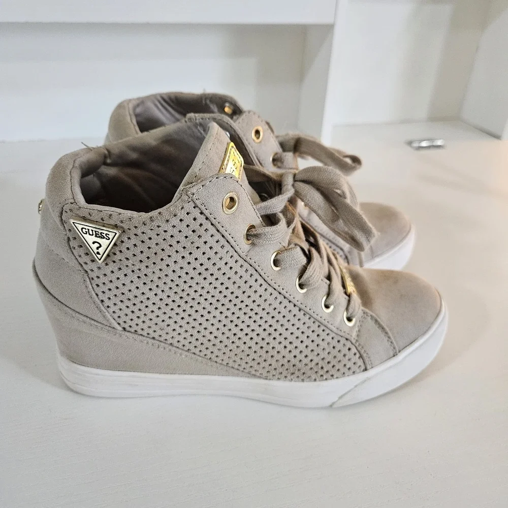 GUESS Women's High-Top Hidden Wedge Sneakers - Taupe Suede - Size 7.5M (Style...
